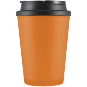 An orange coffee cup with a black handle lid, designed for drinkware use. It features a logo.