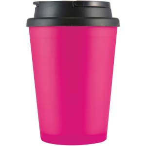 A drink cup in bright pink with a black handle lid, designed for beverages. Features a sleek, modern design.
