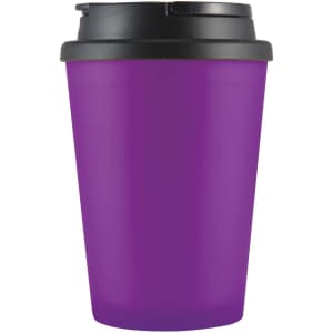 A coffee mug featuring a vibrant purple design with a black handle lid. Ideal for enjoying hot beverages on the go.