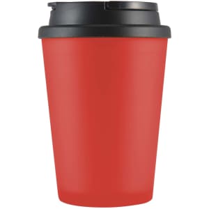 A drink bottle featuring a red cup with a black lid, designed for coffee. It includes a logo.