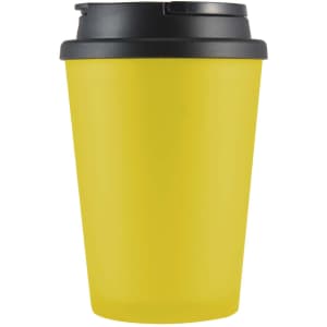 A drinkware item featuring a bright yellow coffee cup with a black handle lid, designed for holding beverages.