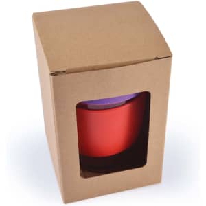 A red reusable coffee cup in a cardboard box, featuring a window to view the cup inside.