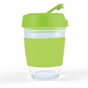 A reusable coffee cup with a transparent body and a bright green lid and sleeve. It has a logo present.