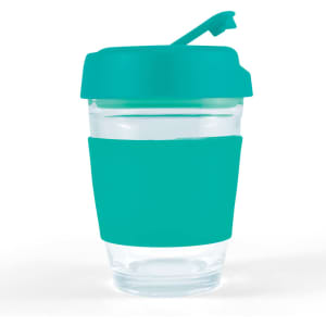 A reusable coffee cup featuring a clear body and a vibrant teal flip lid with a silicone grip band.