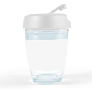 A reusable coffee cup in clear glass with a white flip lid and blank white band. Features a logo.