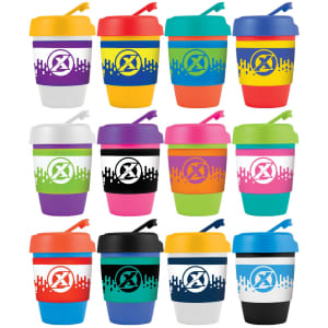 A collection of reusable coffee cups in various vibrant colours, each featuring a logo and silicone band.
