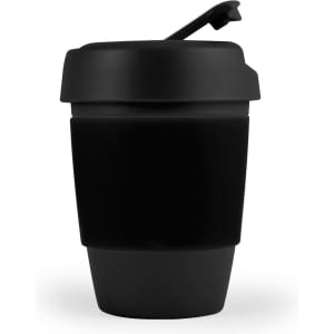 A reusable coffee cup with a silicone band and a secure lid, presented in a sleek black design.