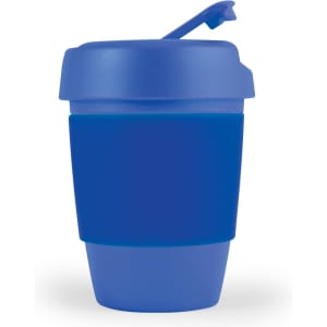 A blue reusable coffee cup with a silicone band and a lid equipped with a drinking spout.