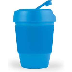 A blue reusable coffee cup with a silicone band and a lid featuring a small opening.