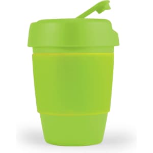 A reusable coffee cup in vibrant green with a silicone band and a lid designed for convenience.