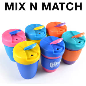 A set of reusable coffee cups in vibrant colors, featuring silicone bands and a secure lid design.