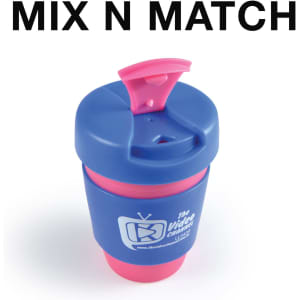 A reusable coffee cup in blue and pink featuring a silicone band and a lid. It has a logo on the side.
