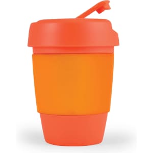 A reusable coffee cup with a vibrant orange silicone band and lid, designed for on-the-go beverages.