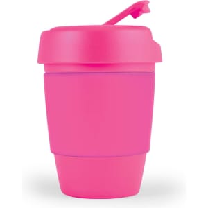 A reusable coffee cup in vibrant pink with a silicone band and a flip lid. Features a logo.