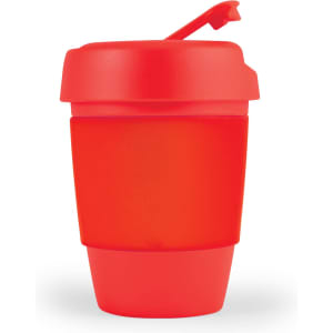 A reusable coffee cup with a silicone band, featuring a vibrant red color and a lid with a flip-top design.