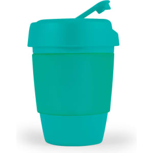 A reusable coffee cup featuring a silicone band, designed in a bright teal color with a matching lid.