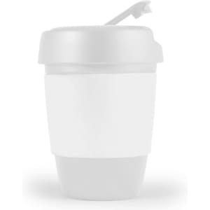 A reusable coffee cup with a white silicone band and a lid, showcasing a minimalist design.