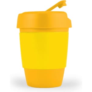 A drink cup featuring a bright yellow silicone band and lid, designed for reusable coffee use.