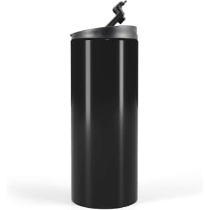 A travel mug in a sleek black design with a flip-top lid.