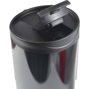 A black travel mug with a flip-top lid and a glossy finish, featuring a logo on the side.