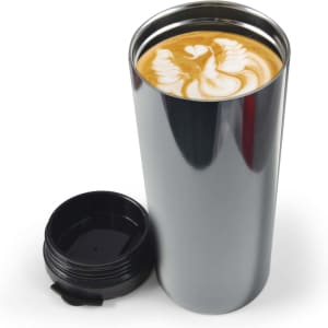 A drink bottle featuring a sleek, metallic design with a lid and a latte with intricate foam art visible inside.