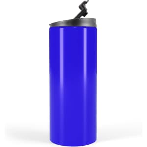 A travel mug in a vibrant blue color with a secure flip-top lid.