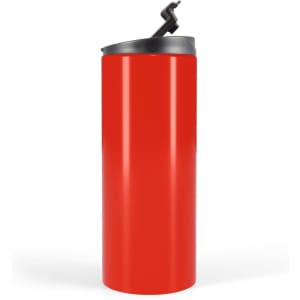 A travel mug featuring a sleek, red design with a black lid and a flip-top opening.