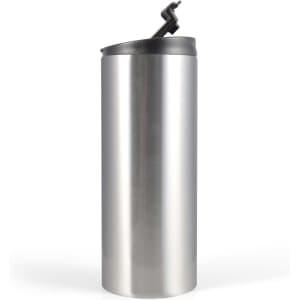 A drink bottle designed for travel, featuring a sleek stainless steel exterior and a black flip-top lid for easy access.