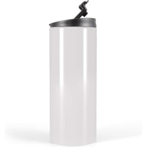 A drink bottle in a sleek white design with a black lid and spout. Features a logo on the side.