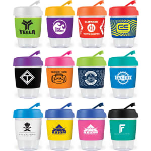 Various reusable coffee cups in bright colours, each featuring different designs and logos, with lids in contrasting shades.