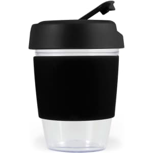 A drink cup with a clear base and a black silicone band, topped with a black lid. It features a logo.