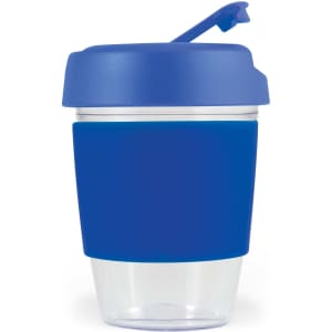 A drink cup with a clear body and blue silicone band and lid, featuring a pop-up spout.