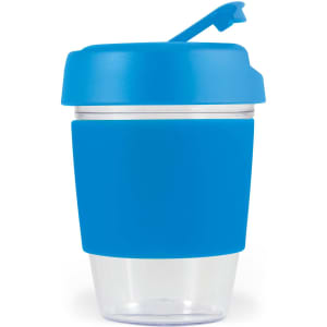 A reusable coffee cup in clear and bright blue with a silicone band and a secure lid. It features a logo.
