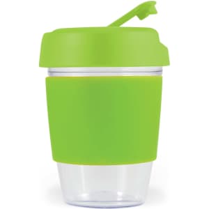 A reusable coffee cup with a clear base and a bright green silicone band and lid.