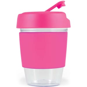 A drink bottle featuring a clear base with a vibrant pink silicone band and lid. It has a secure sipping spout.