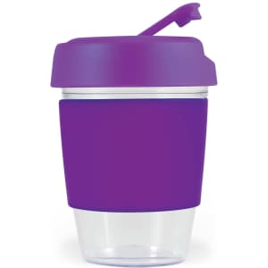 A drink bottle featuring a clear body with a purple silicone band and lid, designed for reusable use.