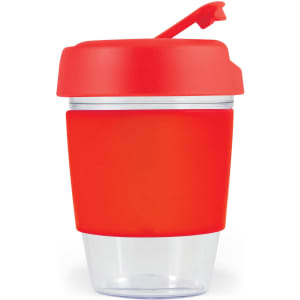 A drink cup with a clear body and a red silicone band and lid. It features a removable top.