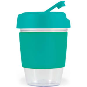 A drink cup with a clear base and a teal silicone band and lid, featuring a spill-resistant straw.