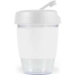 A drink bottle featuring a clear lower section and a white silicone band, topped with a matching white lid.