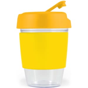 A drink cup featuring a clear body with a bright yellow silicone band and lid. It has a curved design and a small tab.