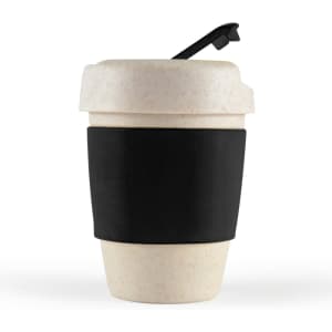 A reusable coffee cup in a speckled beige color with a black silicone band and a black lid. It features a logo.