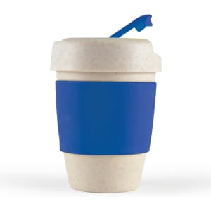 A reusable coffee cup with a light beige body, blue silicone band, and a blue lid. It features a logo.