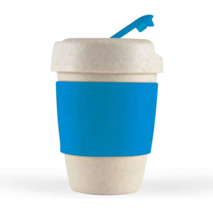 A reusable coffee cup with a light beige body and a blue silicone band, featuring a blue lid with a spout.