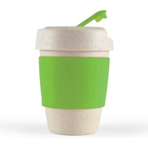 A reusable coffee cup in a light color with a green silicone band and a matching lid. It features a logo.