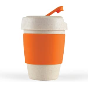 A reusable coffee cup in white and beige with an orange silicone band and lid, featuring a logo.