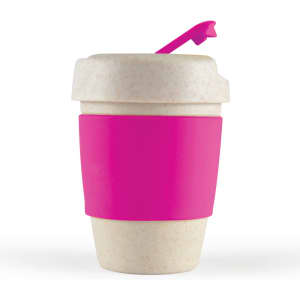A reusable coffee cup in cream color with a pink silicone band and lid. It features a logo on the side.
