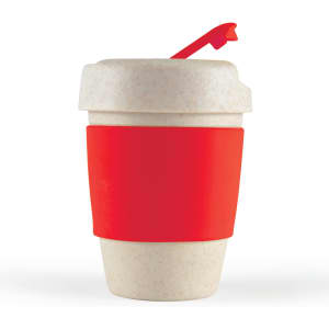 A reusable coffee cup featuring a beige body and a bright red silicone band, complete with a red lid and straw.