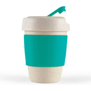 A reusable coffee cup in a creamy color with a teal silicone band and lid. It features a small drinking spout.