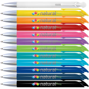 A collection of colourful pens in various hues, featuring silver tips and clips, with logos on some.