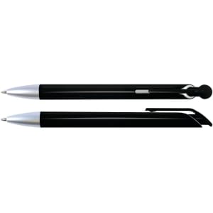 A pair of black plastic pens with silver accents, featuring different styles of pen tips and clips.